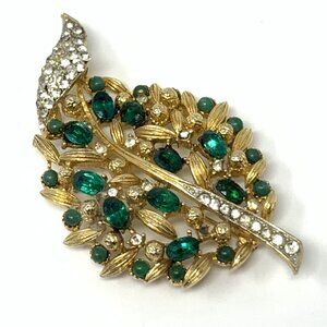 Lisner Gold-Tone Leaf Rhinestone Brooch
